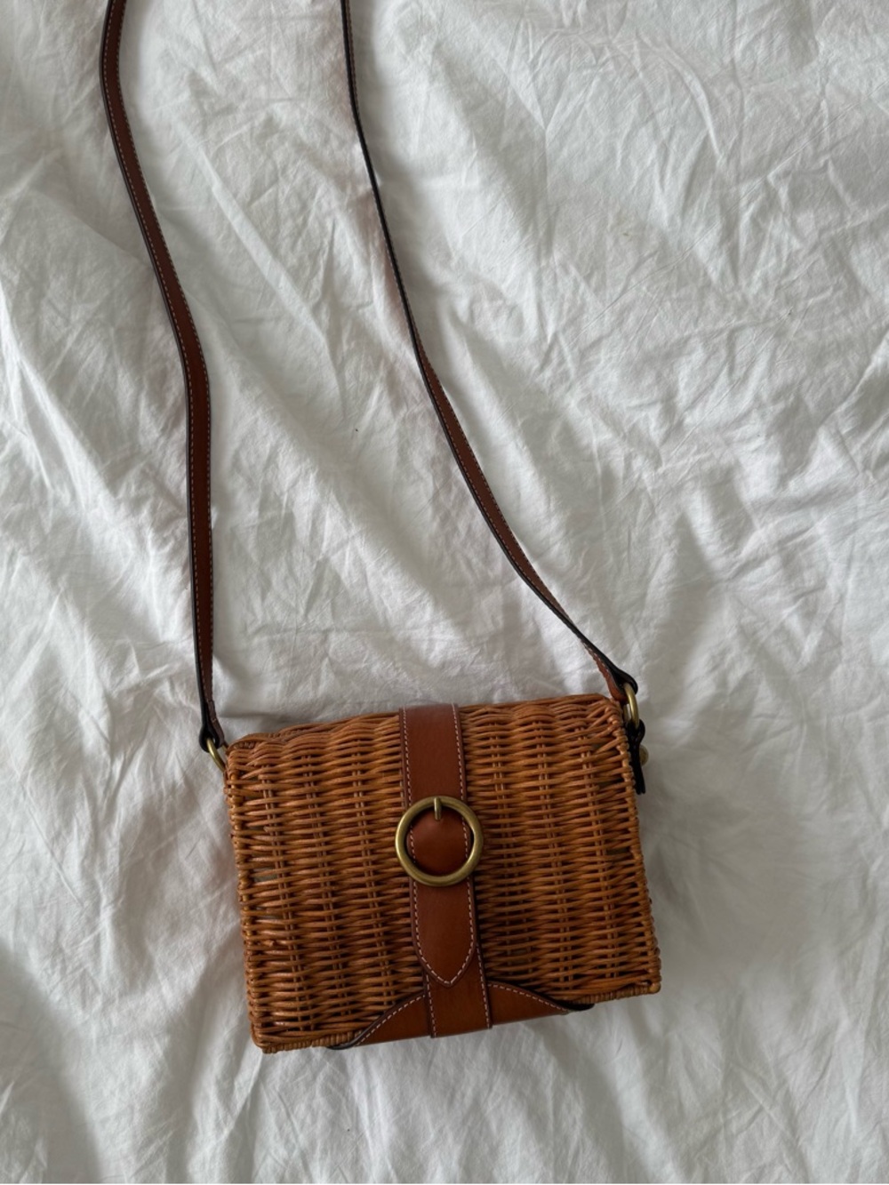 Giudi Brown Wicker Crossbody Bag with Leather Trim